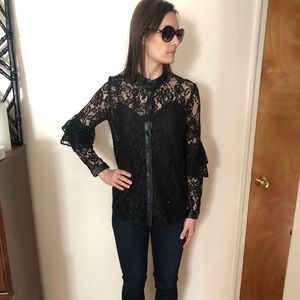 H&M black lace blouse with faux leather trim